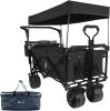 Collapsible Wagon Heavy Duty Folding Wagon Cart with Removable Canopy, 4" Wide Large All Terrain Wheels, Brake, Adjustable Handles